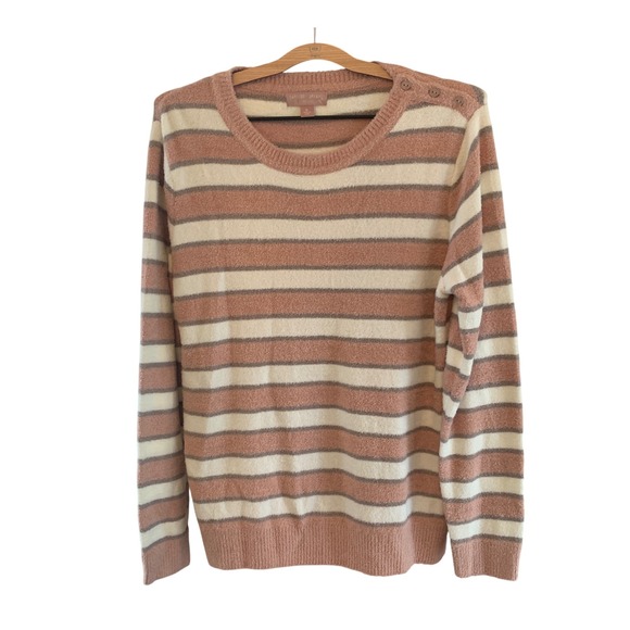 Barefoot Dreams CozyChic‎ Lite Striped Gray Pink White Sweater Button Detail XL - Picture 1 of 10